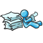 Clip Art Graphic of a Sky Blue Guy Character Reading Papers