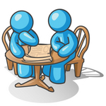 Clip Art Graphic of Sky Blue Guy Characters Reading at a Table