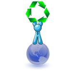 Clip Art Graphic of a Sky Blue Guy Character With Recycle Arrows on a Globe