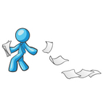 Clip Art Graphic of a Sky Blue Guy Character Dropping Papers