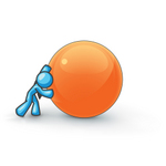 Clip Art Graphic of a Sky Blue Guy Character Pushing an Orange Orb