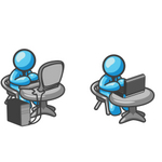 Clip Art Graphic of Sky Blue Guy Characters Working on Computers