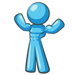 Clip Art Graphic of a Sky Blue Guy Character Flexing His Muscles