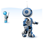Clip Art Graphic of a Sky Blue Guy Character Operating a Robot