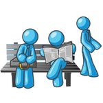 Clip Art Graphic of Sky Blue Guy Characters at a Bus Stop
