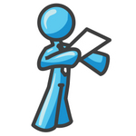 Clip Art Graphic of a Sky Blue Guy Character Giving a Speech