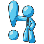 Clip Art Graphic of a Sky Blue Guy Character With an Exclamation Point