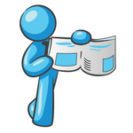 Clip Art Graphic of a Sky Blue Guy Character Holding a Book Open