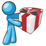 Clip Art Graphic of a Sky Blue Guy Character Holding a Gift